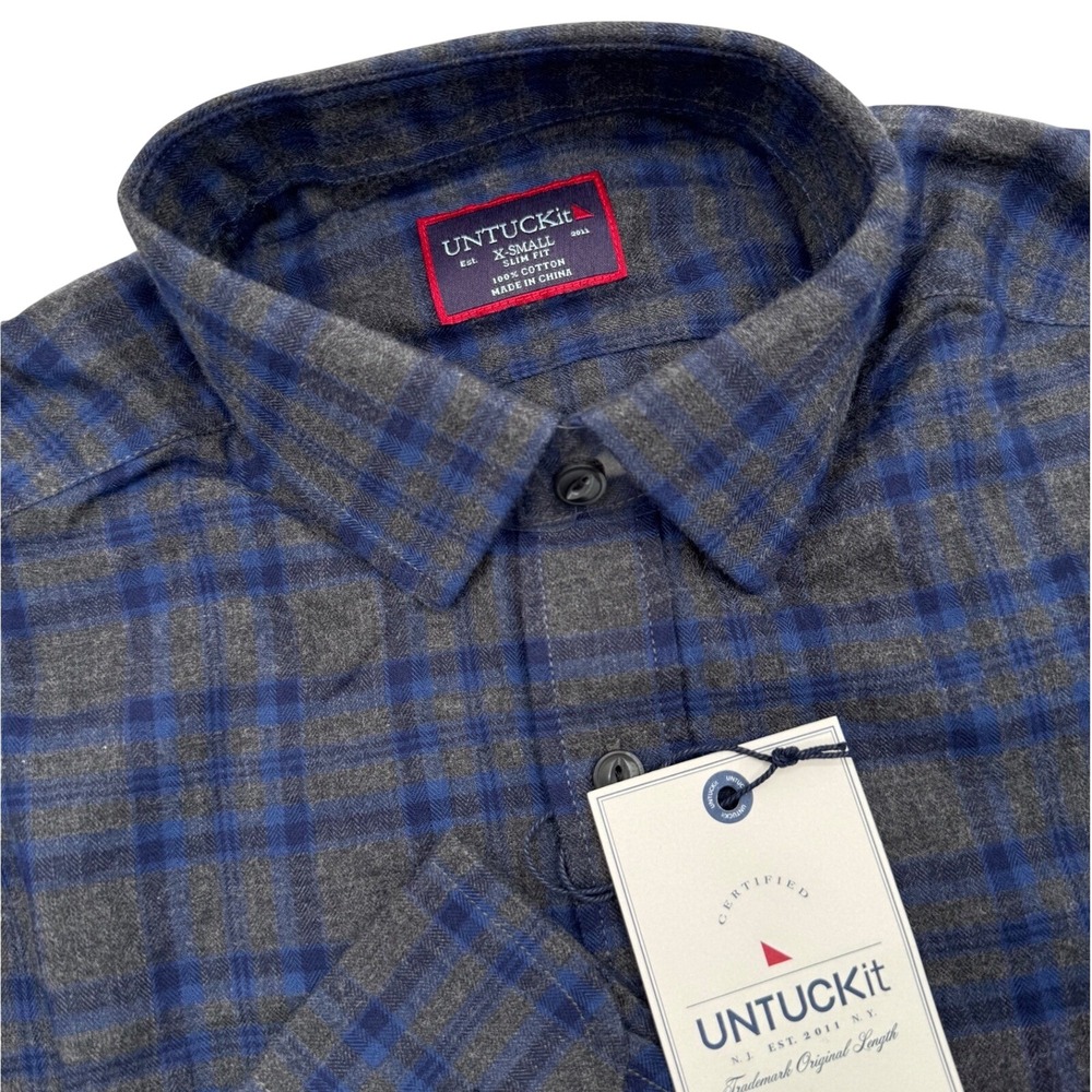 UNTUCKit Macari XS Slim Fit Plaid Long Sleeve Button Down Shirt Blue Gray Cotton